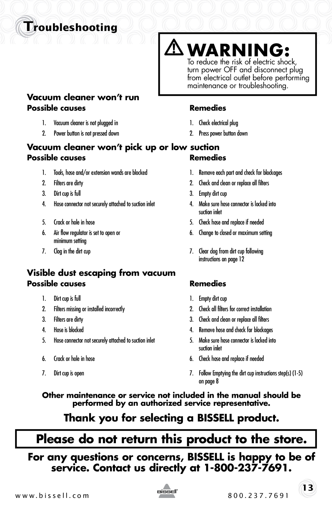 Bissell 6489 warranty Troubleshooting, Thank you for selecting a Bissell product, Vacuum cleaner won’t run 