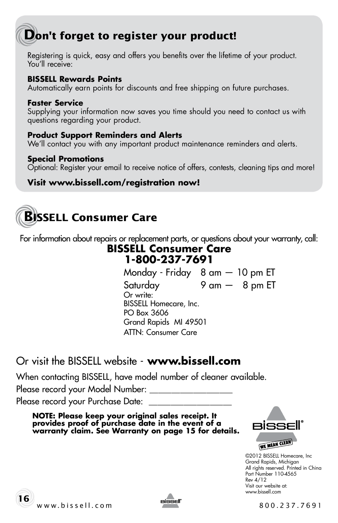 Bissell 6489 warranty Dont forget to register your product, Bissell Consumer Care 