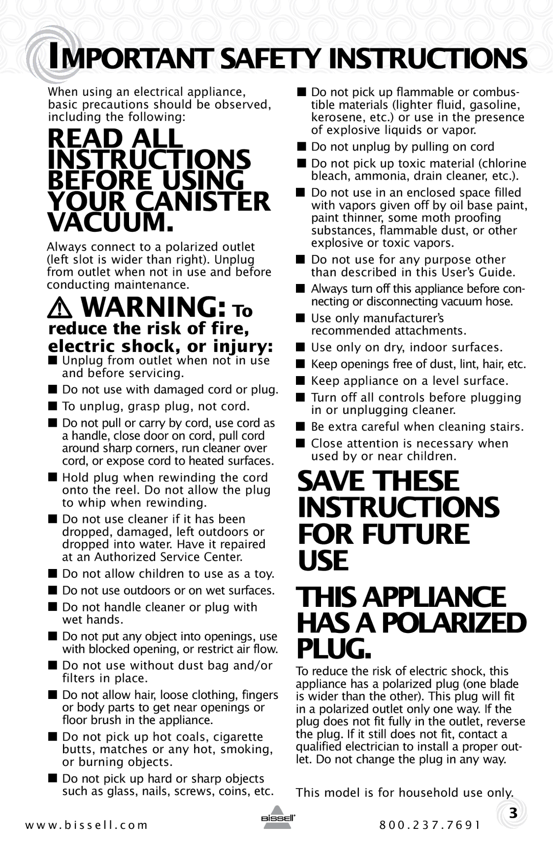 Bissell 6489 warranty Important Safety Instructions, Reduce the risk of fire, electric shock, or injury 