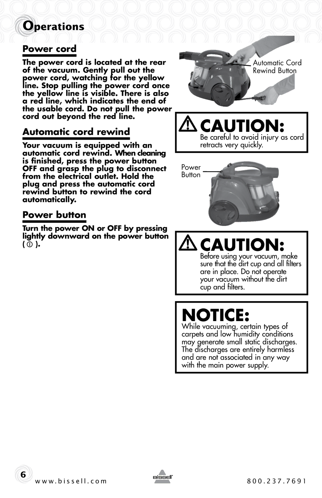 Bissell 6489 warranty Operations, Power cord, Automatic cord rewind, Power button 