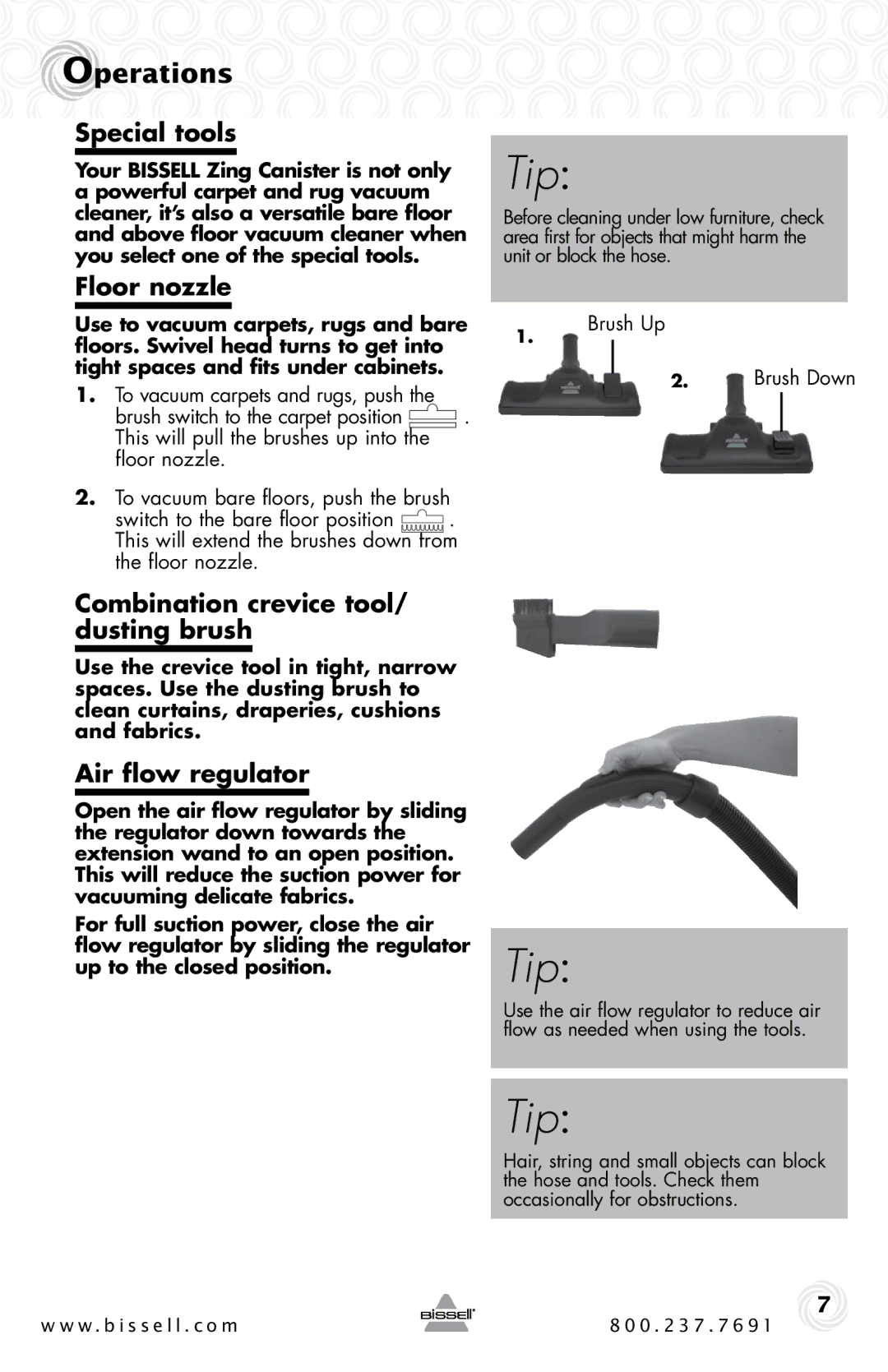 Bissell 6489 warranty Special tools, Floor nozzle, Combination crevice tool/ dusting brush, Air flow regulator 