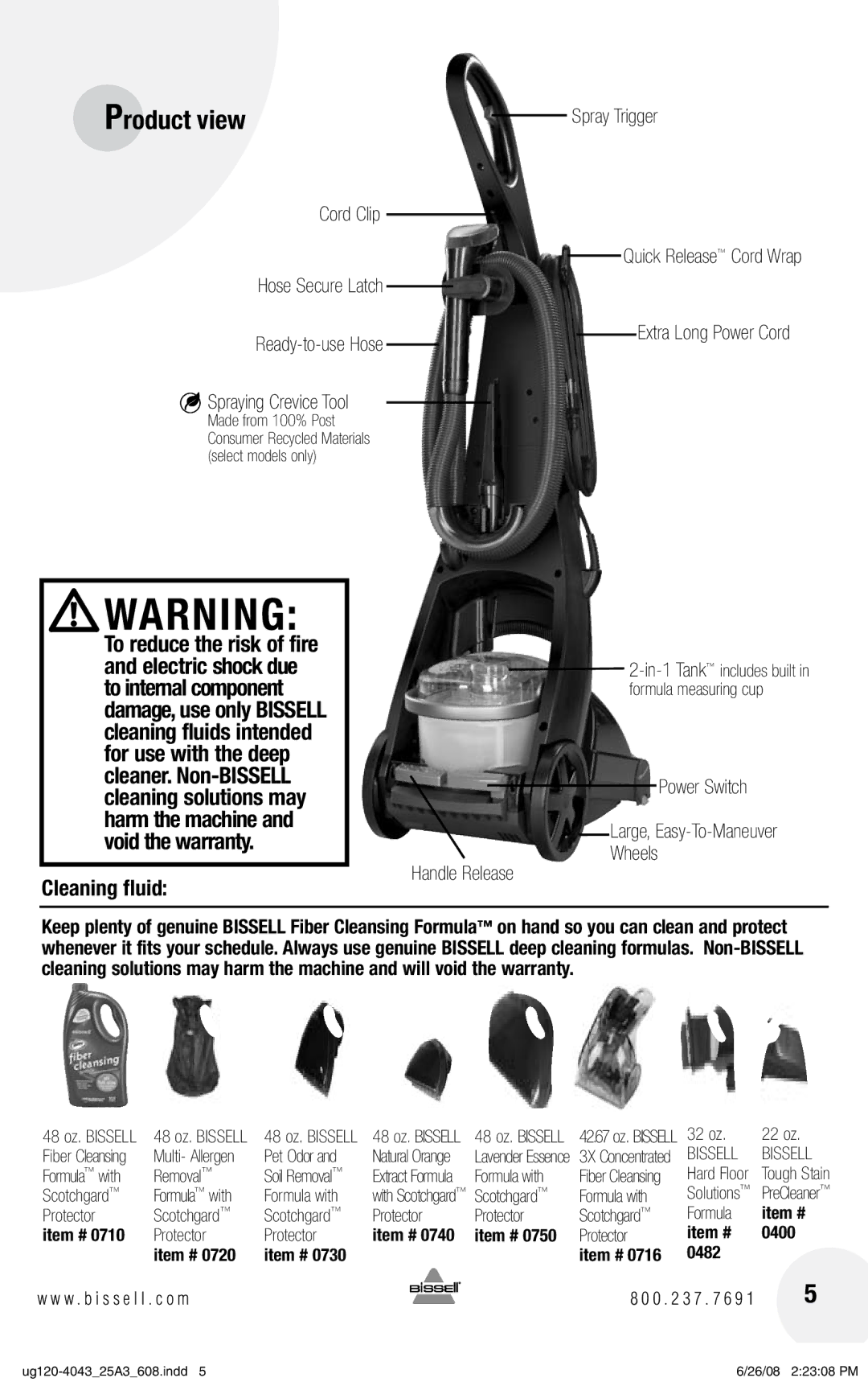 Bissell 25A3, 64D9 warranty Cleaning fluid, Spray Trigger, Extra Long Power Cord, Handle Release, Power Switch 