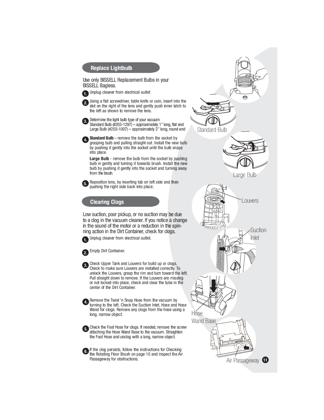 Bissell 6579 Standard Bulb, Louvers Suction Inlet, Hose Wand Base Air Passageway, Replace Lightbulb, Clearing Clogs 