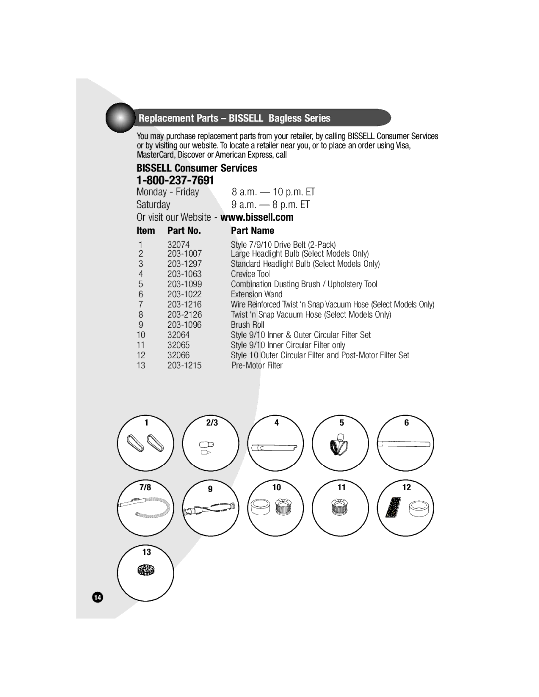 Bissell 6579 warranty Replacement Parts Bissell Bagless Series, Bissell Consumer Services, Part Name 