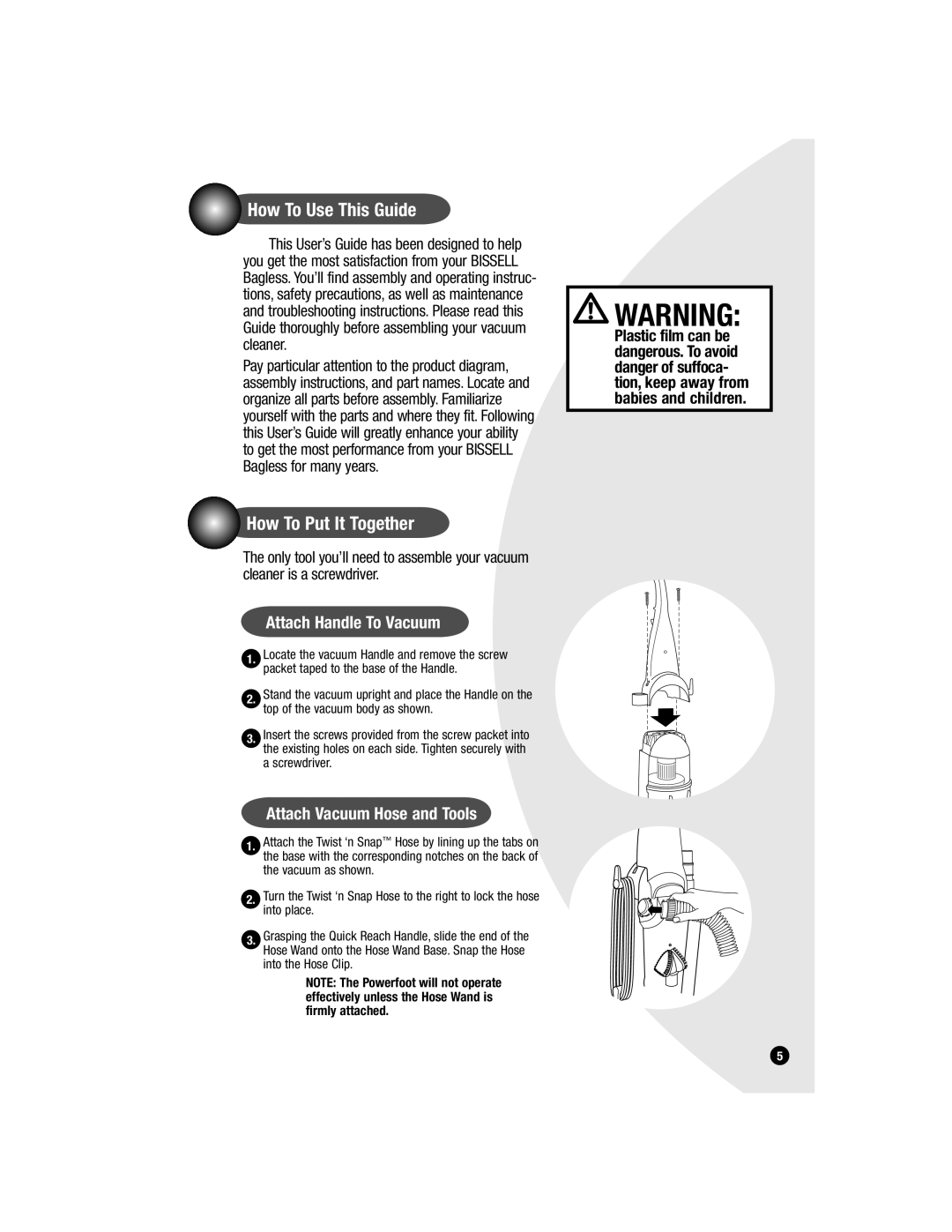 Bissell 6579 warranty How To Use This Guide, How To Put It Together, Attach Handle To Vacuum, Attach Vacuum Hose and Tools 