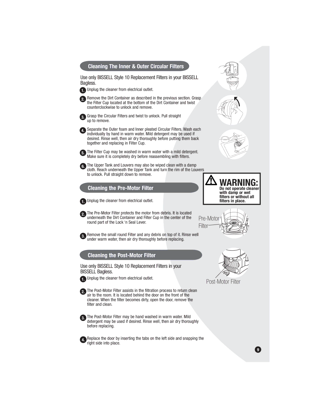 Bissell 6579 warranty Cleaning The Inner & Outer Circular Filters, Cleaning the Post-Motor Filter 