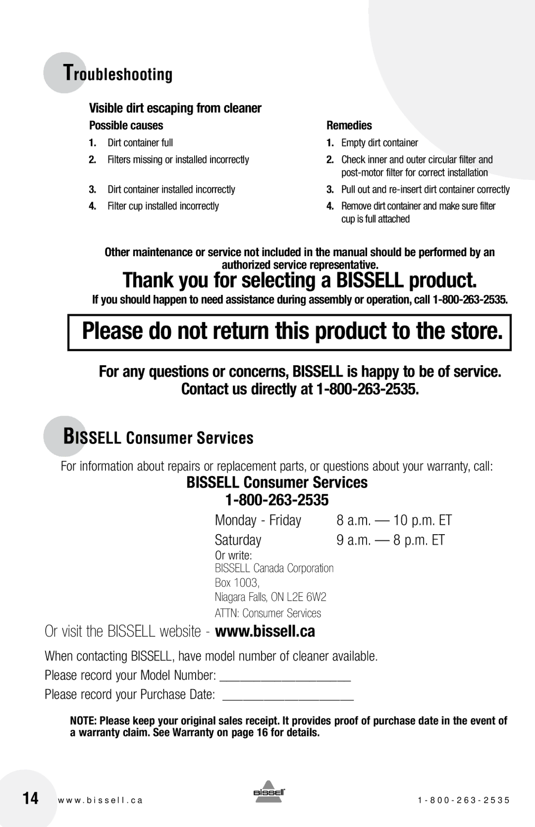 Bissell 6583 warranty Visible dirt escaping from cleaner, Authorized service representative 