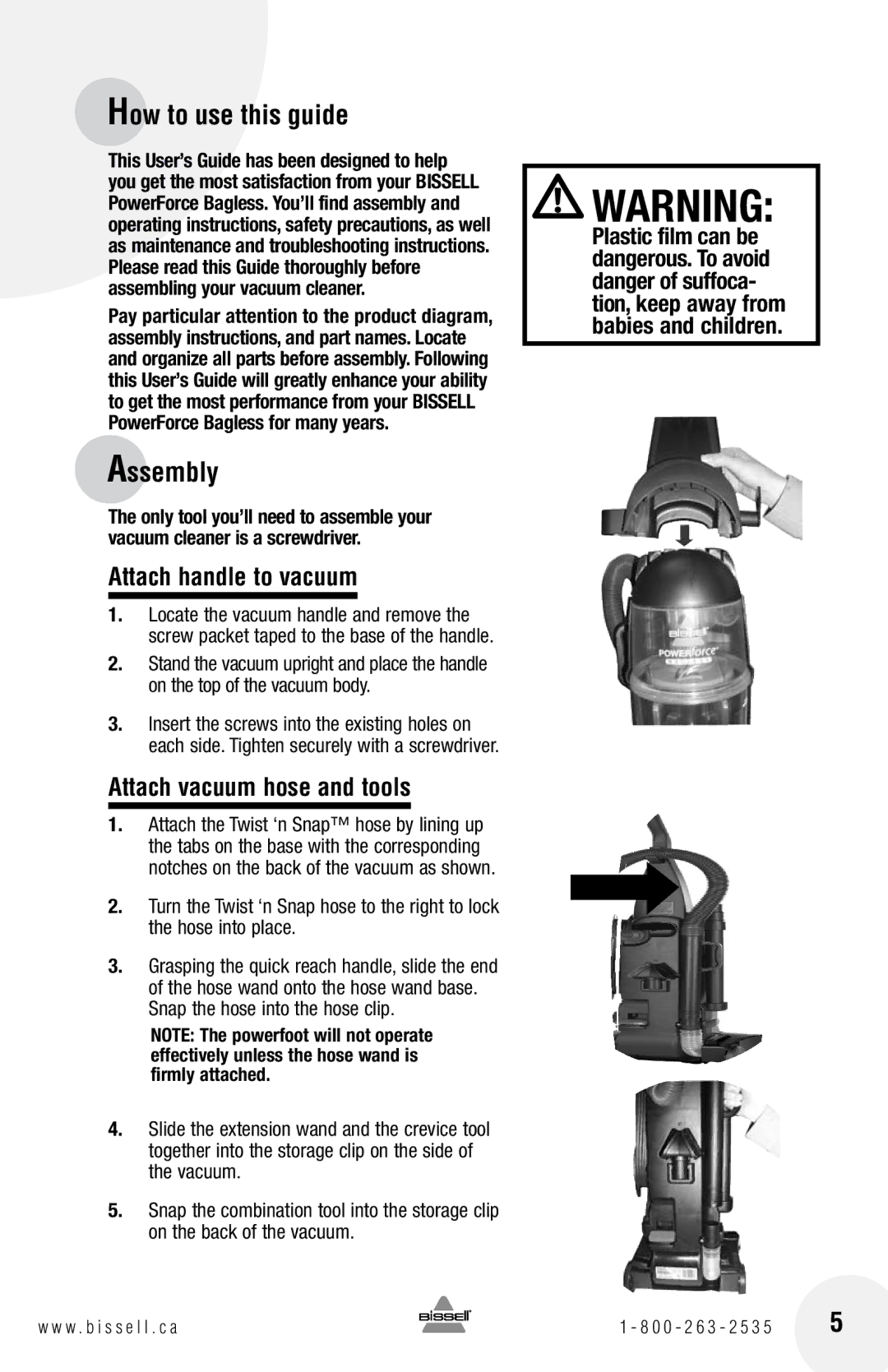 Bissell 6583 warranty How to use this guide, Assembly, Attach handle to vacuum, Attach vacuum hose and tools 