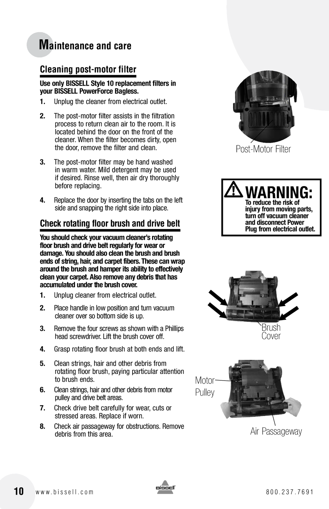 Bissell 6584 warranty Cleaning post-motor filter, Unplug cleaner from electrical outlet 