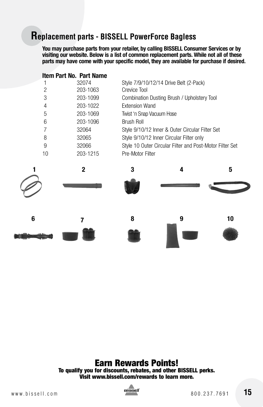 Bissell 6584 warranty Replacement parts Bissell PowerForce Bagless, Item Part No. Part Name 