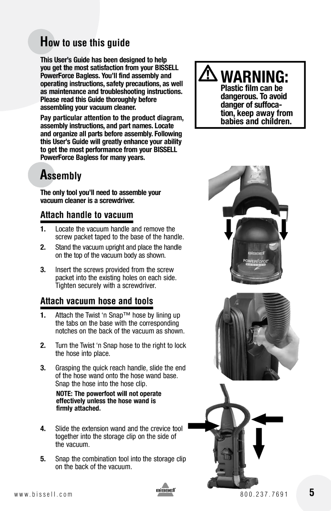 Bissell 6584 warranty How to use this guide, Assembly, Attach handle to vacuum, Attach vacuum hose and tools 