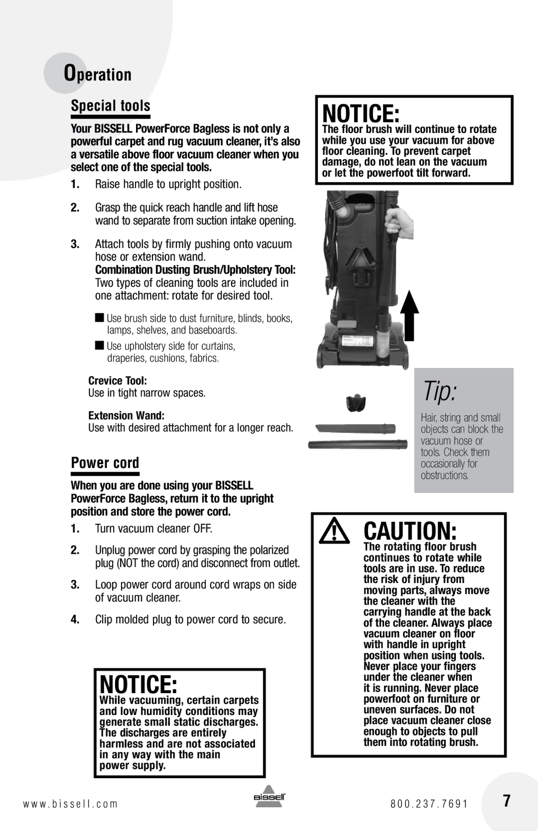 Bissell 6584 warranty Special tools, Power cord, Raise handle to upright position, Turn vacuum cleaner OFF 