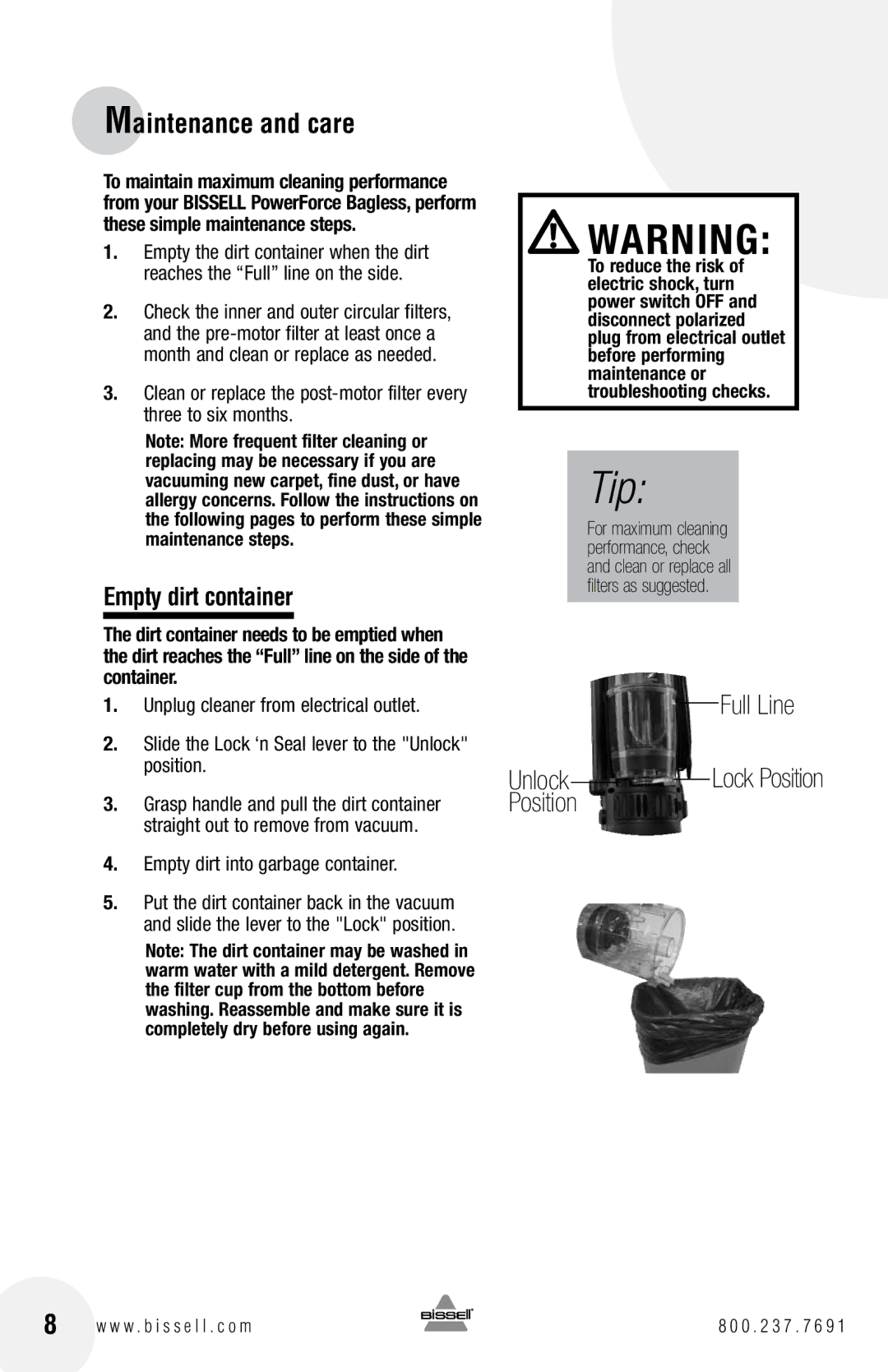 Bissell 6584 warranty Maintenance and care, Empty dirt container, Empty dirt into garbage container 