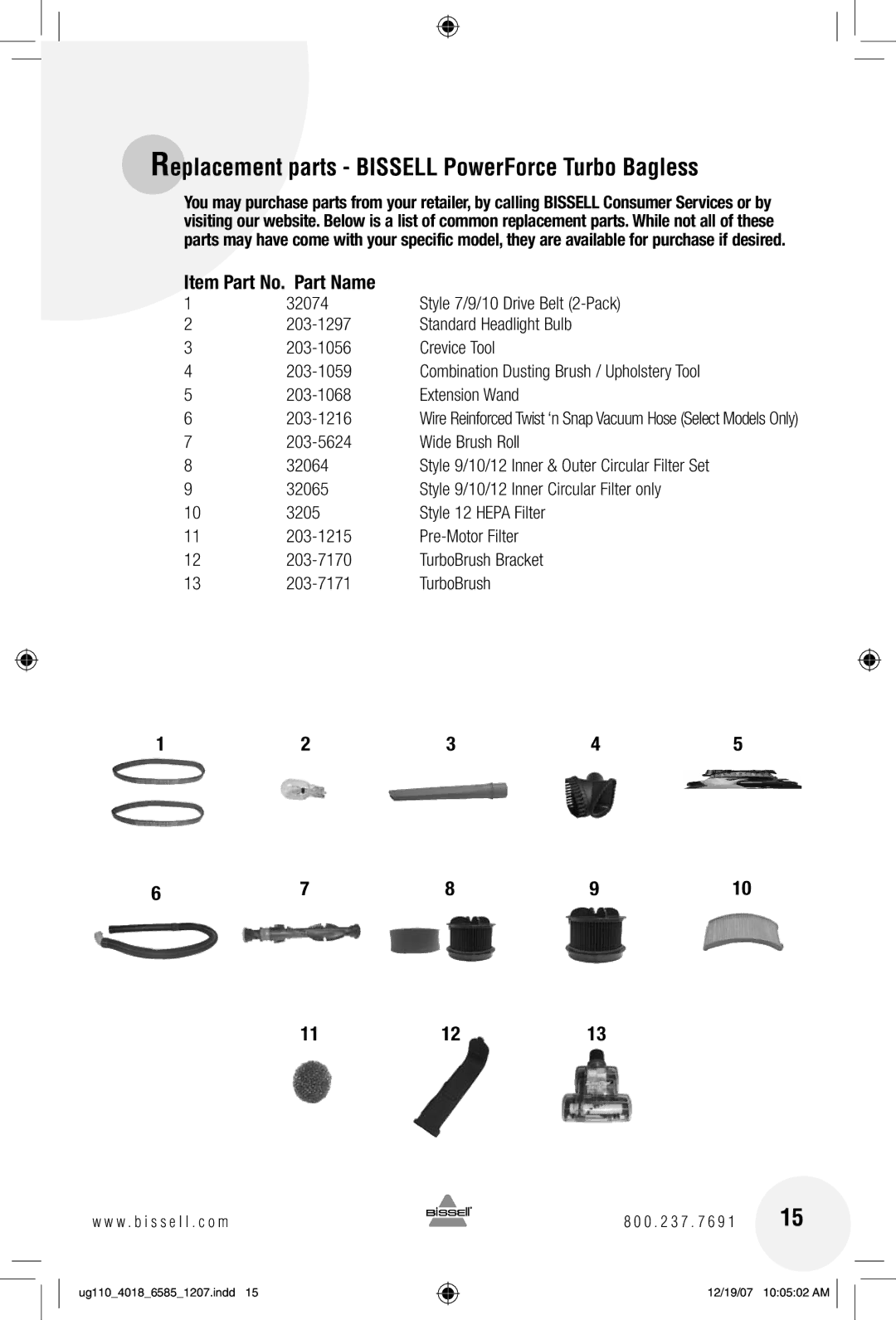 Bissell 6585 warranty Replacement parts Bissell PowerForce Turbo Bagless, Item Part No. Part Name, 1112, 910 