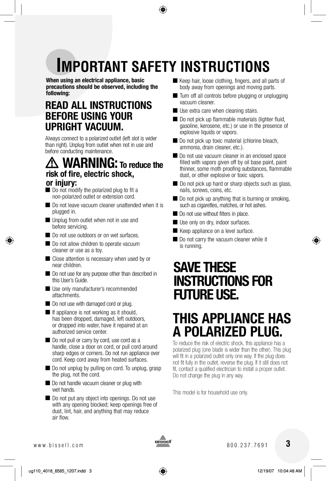 Bissell 6585 warranty Important Safety Instructions 