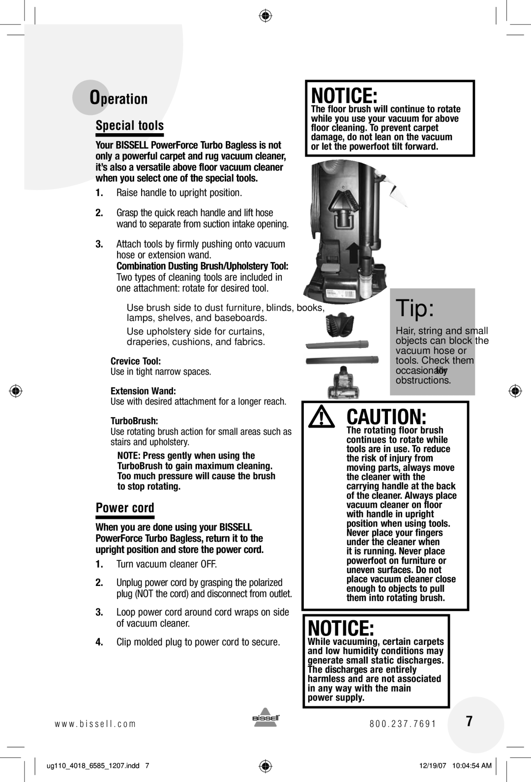 Bissell 6585 warranty Special tools, Power cord, Raise handle to upright position, Turn vacuum cleaner OFF 