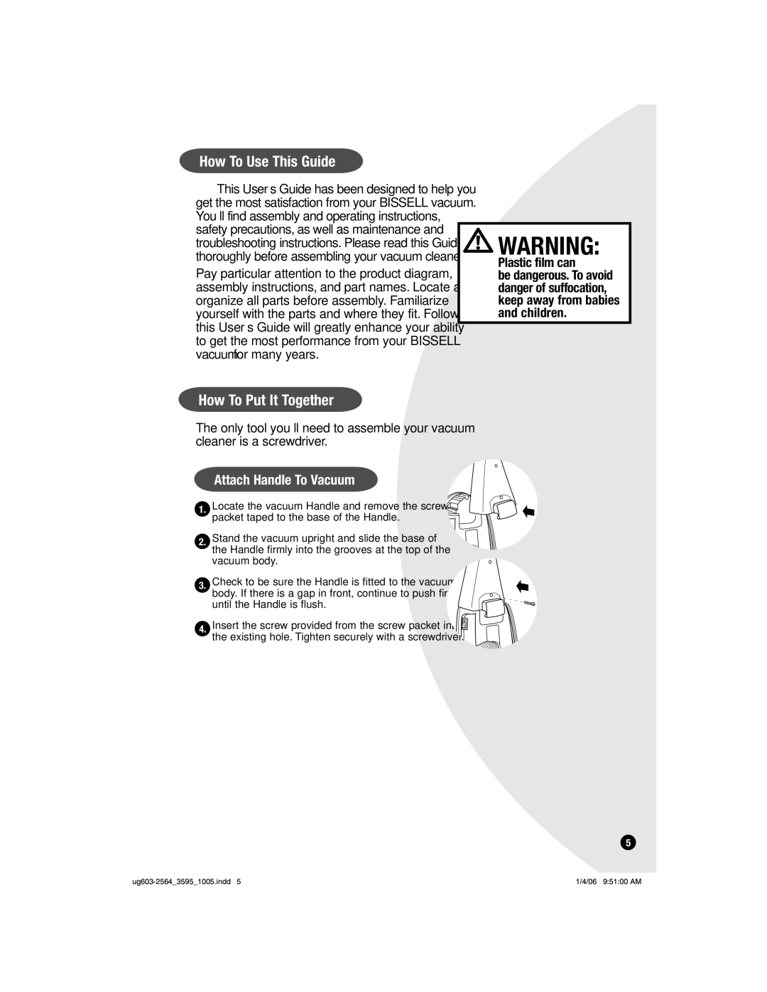 Bissell 6591 warranty How To Use This Guide, How To Put It Together, Attach Handle To Vacuum 