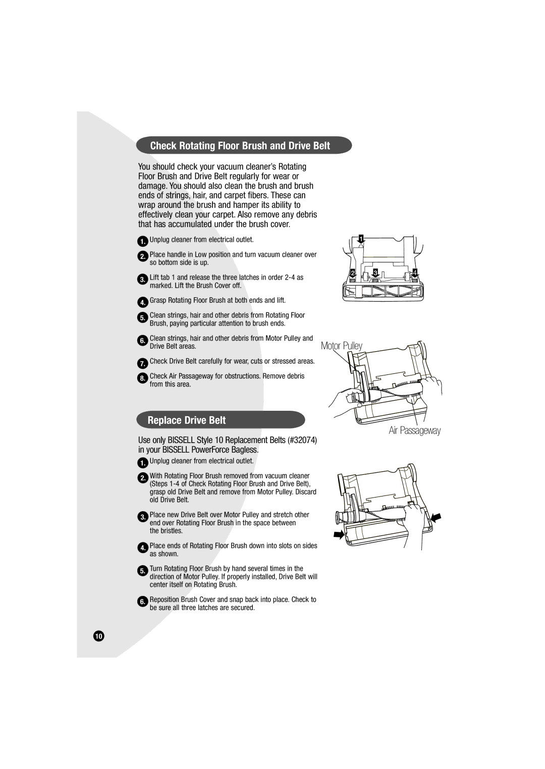 Bissell 6594 warranty Check Rotating Floor Brush and Drive Belt, Replace Drive Belt, Air Passageway 