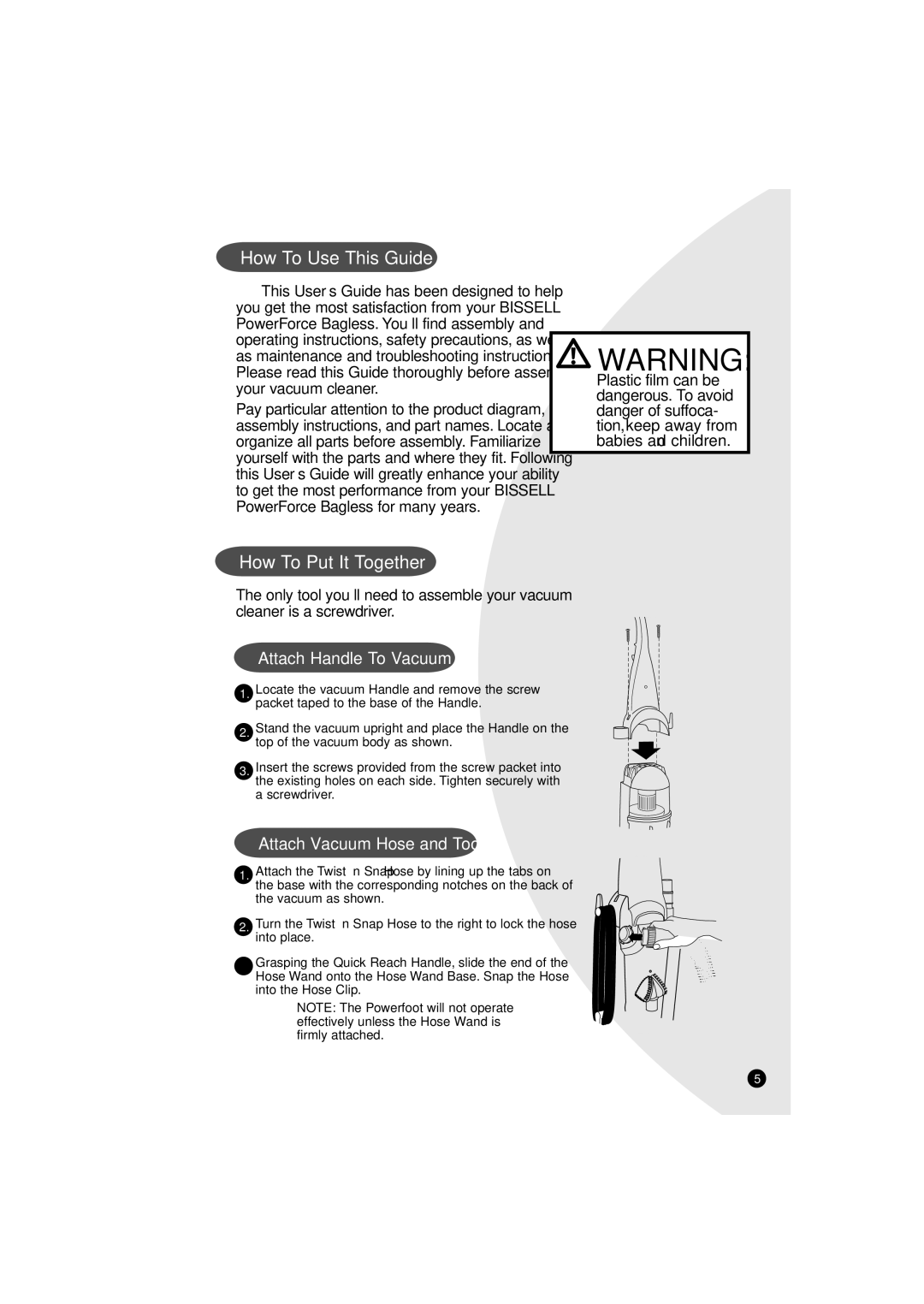 Bissell 6594 warranty How To Use This Guide, How To Put It Together, Attach Handle To Vacuum, Attach Vacuum Hose and Tools 