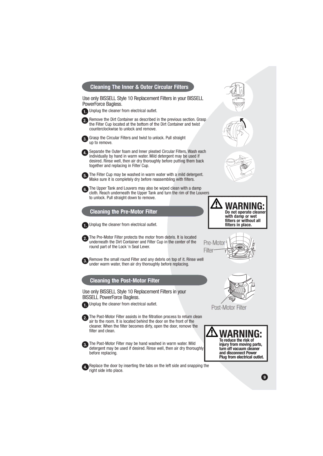 Bissell 6594 warranty Cleaning The Inner & Outer Circular Filters, Cleaning the Post-Motor Filter 
