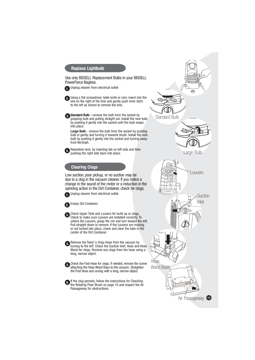 Bissell 6594 warranty Hose, Large Bulb Louvers Suction Inlet Air Passageway, Replace Lightbulb, Clearing Clogs 