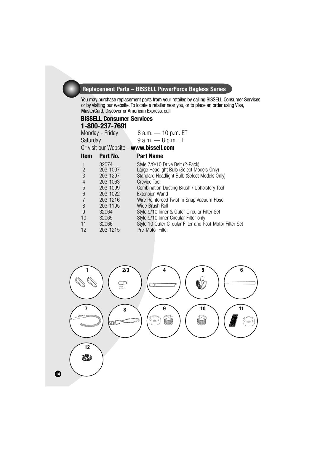 Bissell 6594 warranty Replacement Parts Bissell PowerForce Bagless Series, Bissell Consumer Services, Part Name 