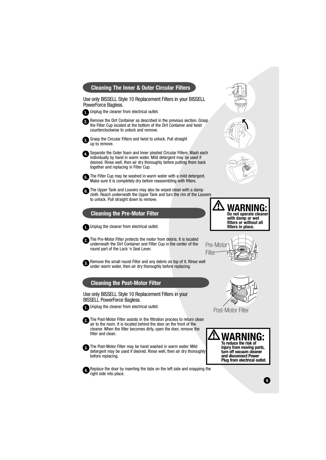 Bissell 6594 warranty Cleaning The Inner & Outer Circular Filters, Cleaning the Post-Motor Filter 