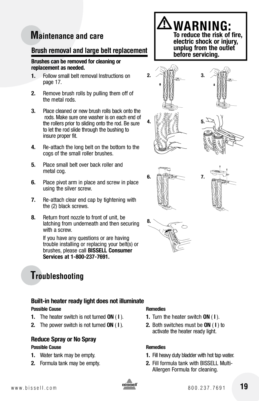 Bissell 66Q4 warranty Troubleshooting, Built-in heater ready light does not illuminate, Reduce Spray or No Spray 