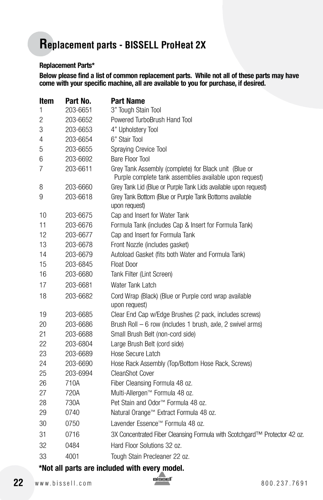 Bissell 66Q4 Replacement parts Bissell ProHeat, Item Part No, Not all parts are included with every model, Bare Floor Tool 