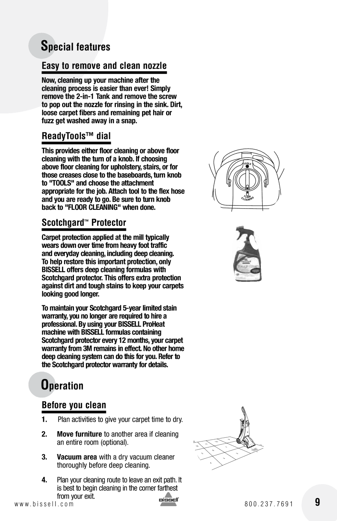 Bissell 66Q4 warranty Operation, Easy to remove and clean nozzle, ReadyTools dial, Scotchgard Protector, Before you clean 