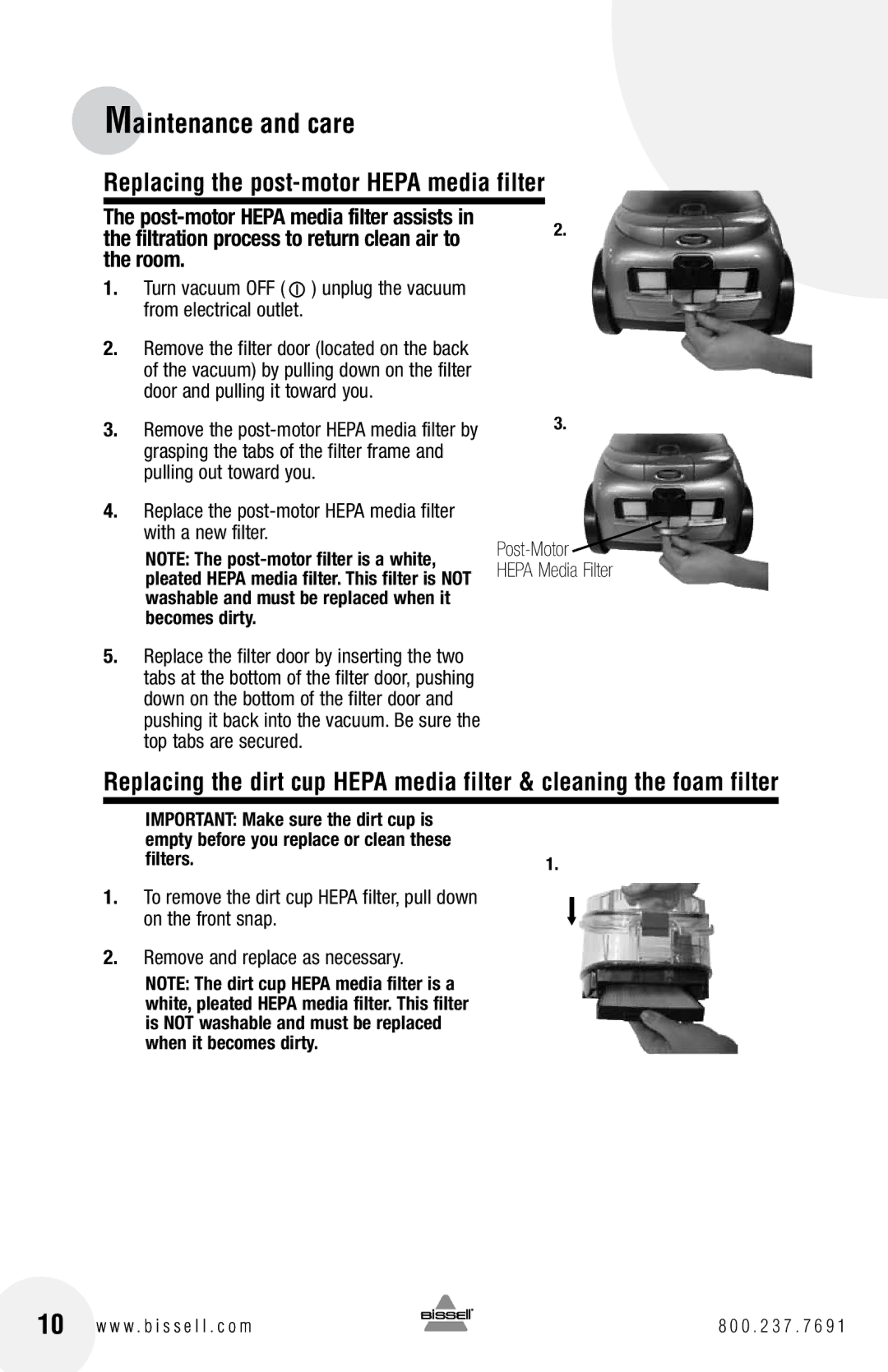 Bissell 66T6 Replacing the post-motor Hepa media filter, Replace the post-motor Hepa media filter with a new filter 