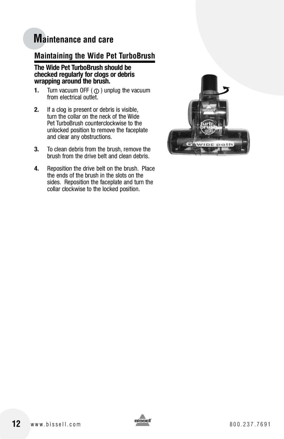 Bissell 66T6 warranty Maintaining the Wide Pet TurboBrush 