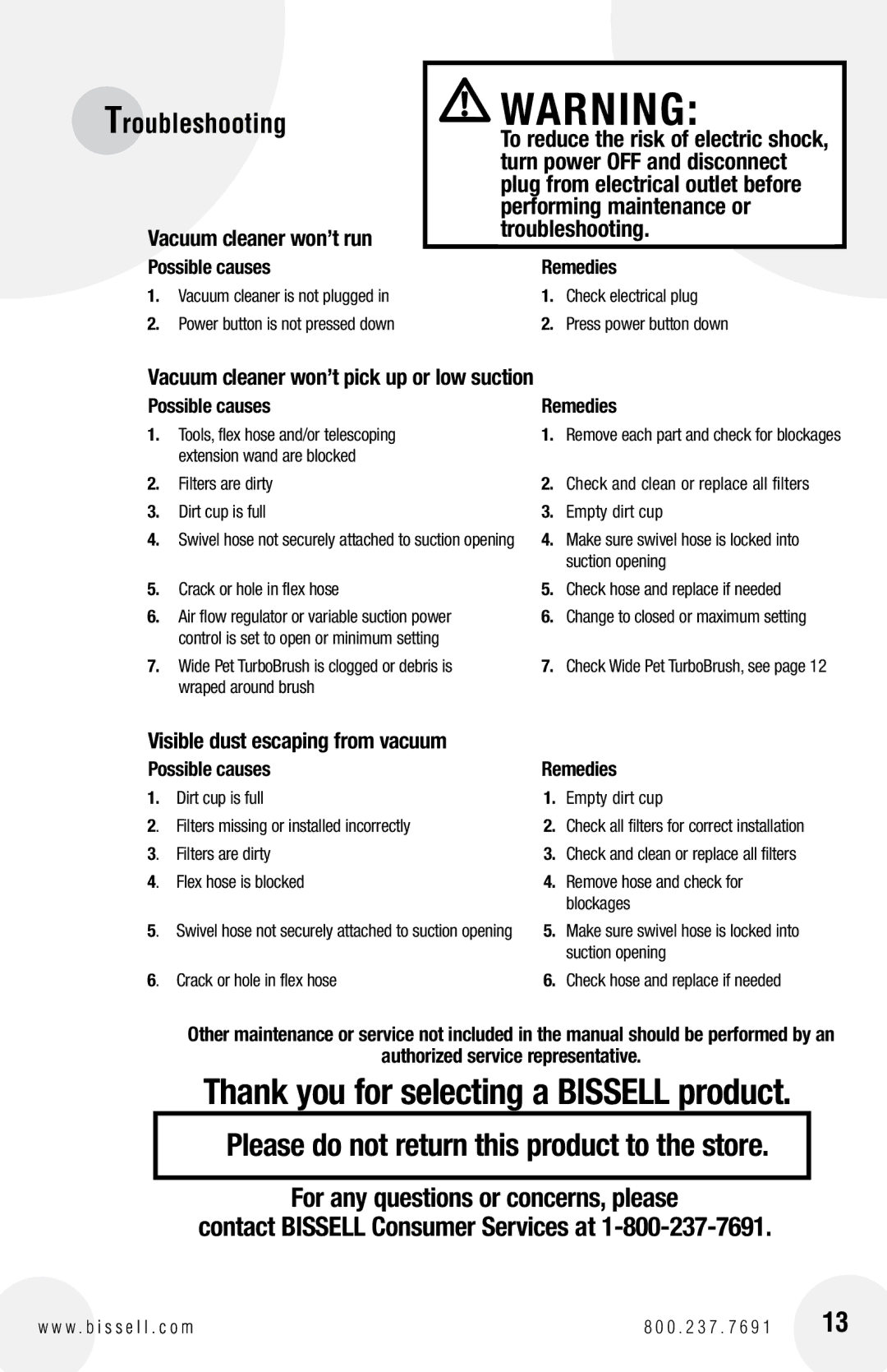 Bissell 66T6 warranty Thank you for selecting a Bissell product 