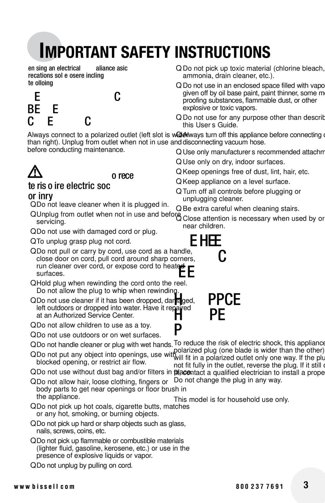 Bissell 66T6 warranty Important Safety Instructions 