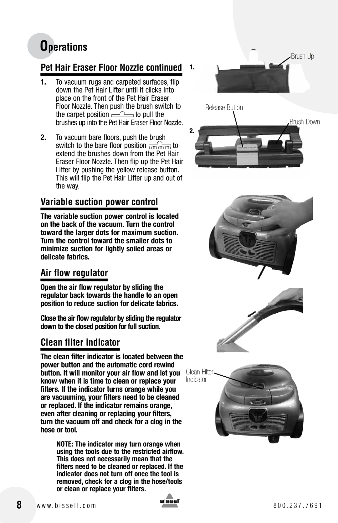 Bissell 66T6 warranty Variable suction power control, Air flow regulator, Clean filter indicator 