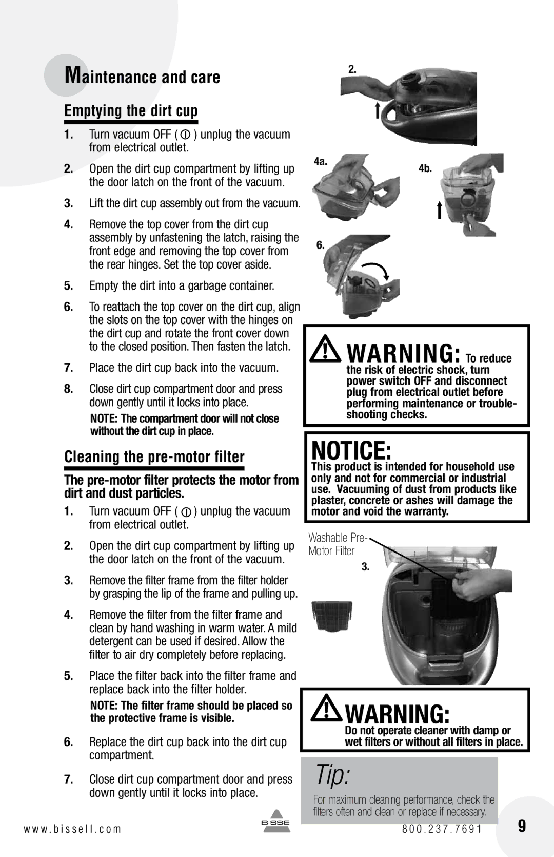 Bissell 66T6 warranty Emptying the dirt cup, Cleaning the pre-motor filter, 169 