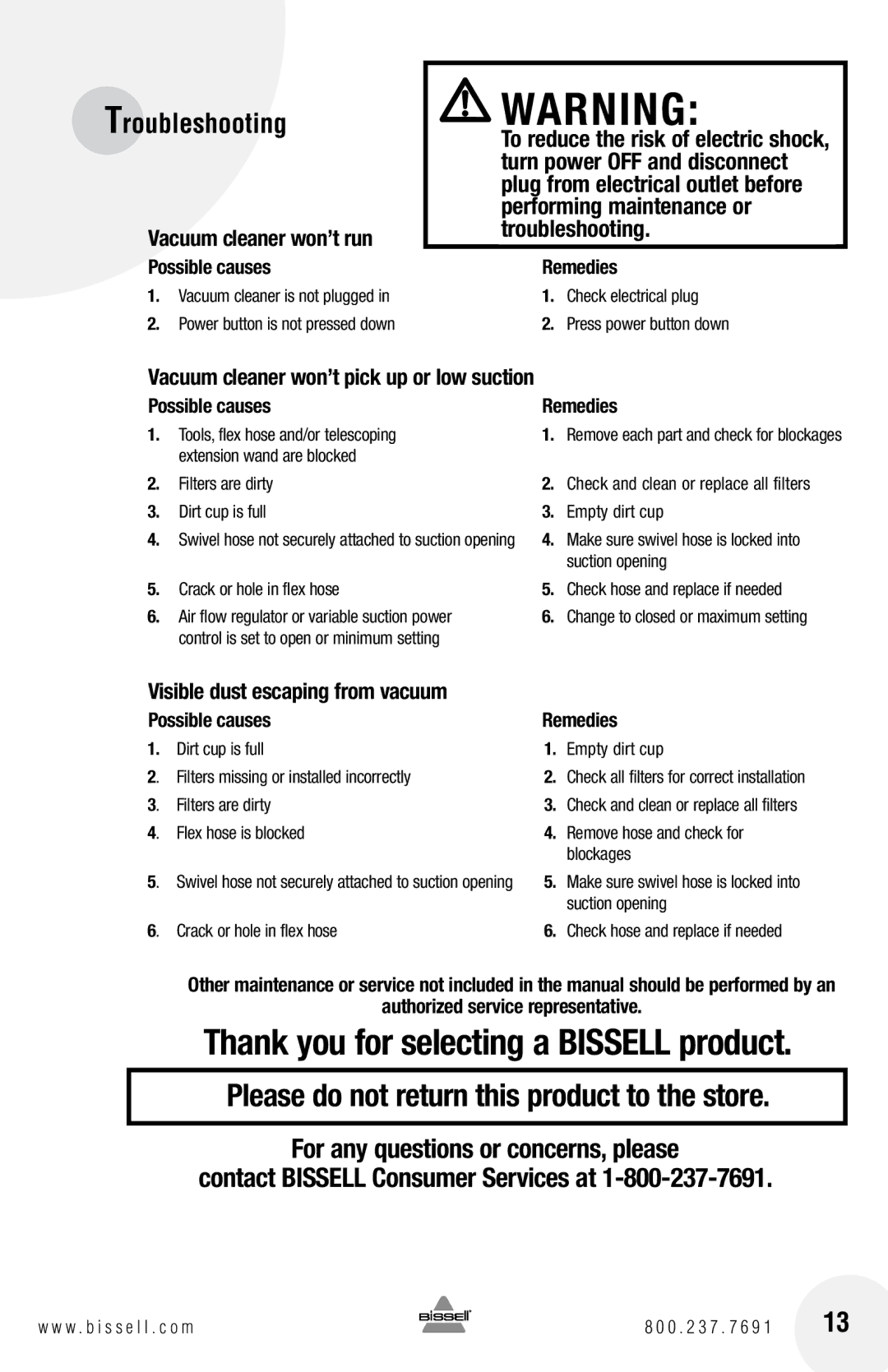 Bissell 66T6 warranty 136, Possible causes Remedies, Authorized service representative 