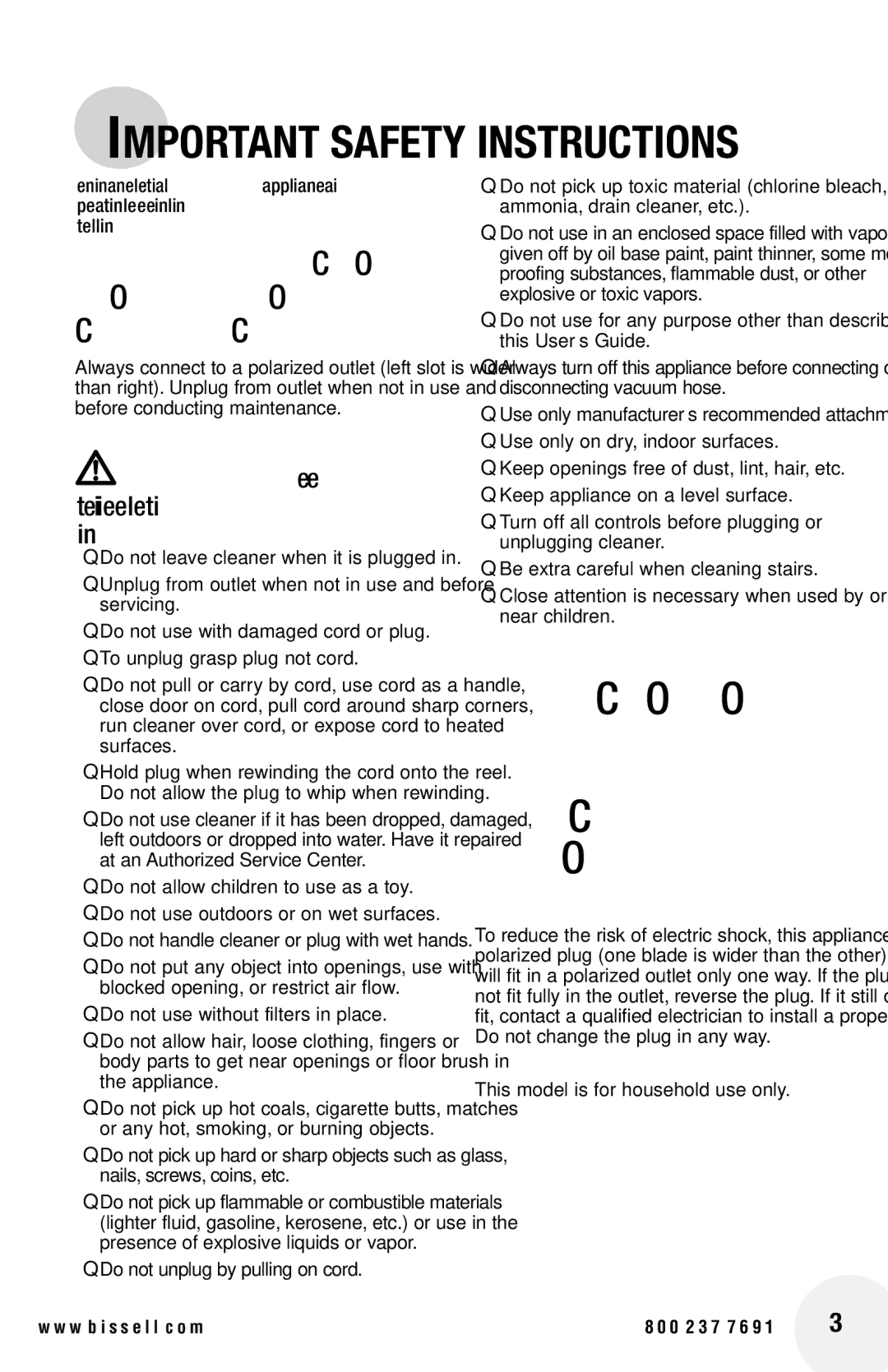 Bissell 66T6 warranty Important Safety Instructions, 163 