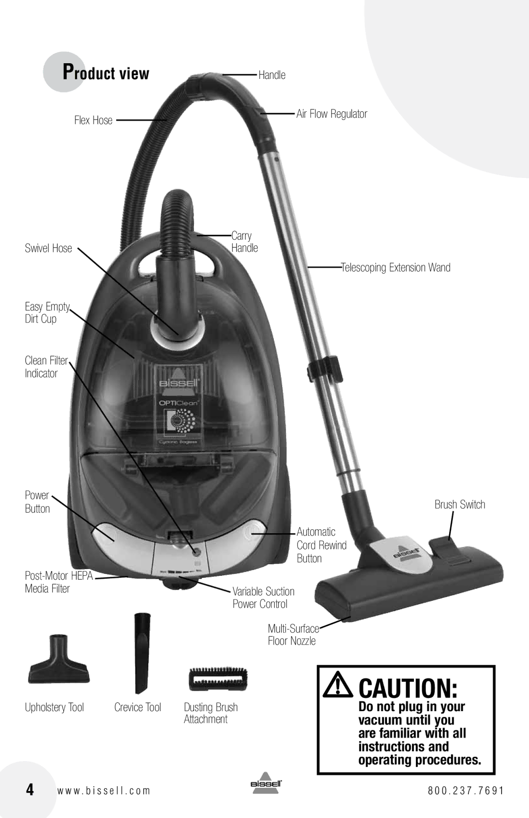 Bissell 66T6 warranty Multi-Surface, Floor Nozzle, Dusting Brush, Attachment, Operating procedures 