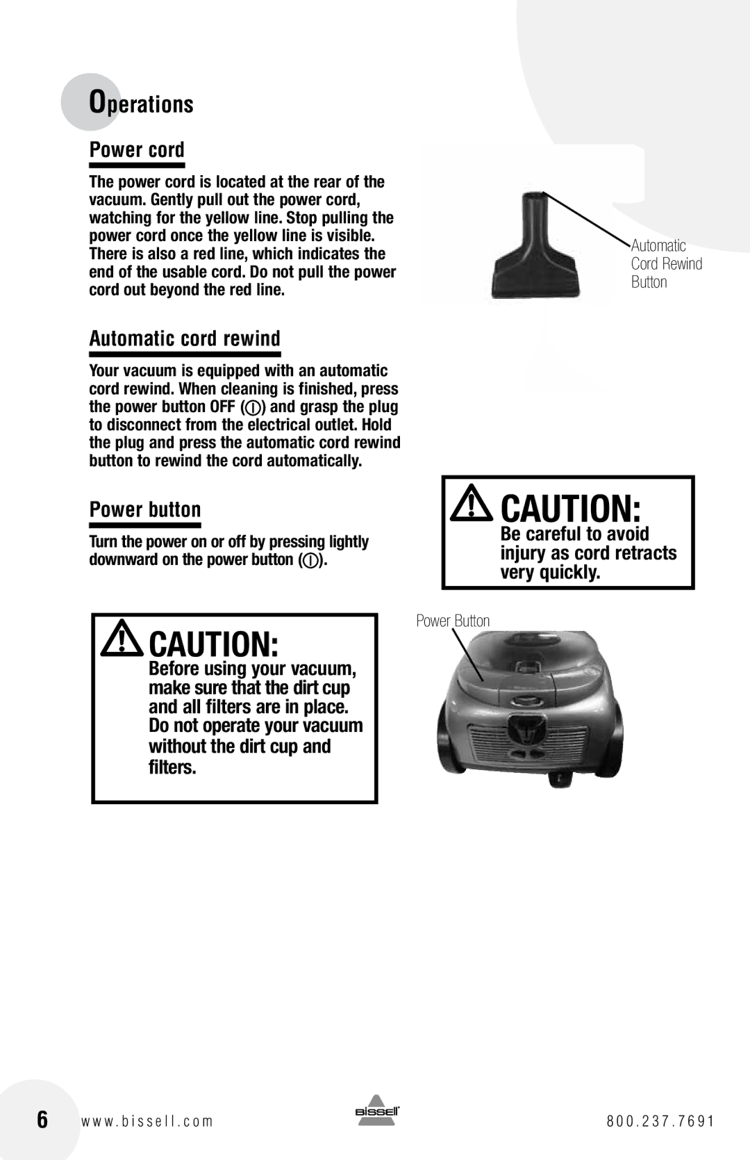 Bissell 66T6 warranty Operations, Power cord, Automatic cord rewind, Power button 