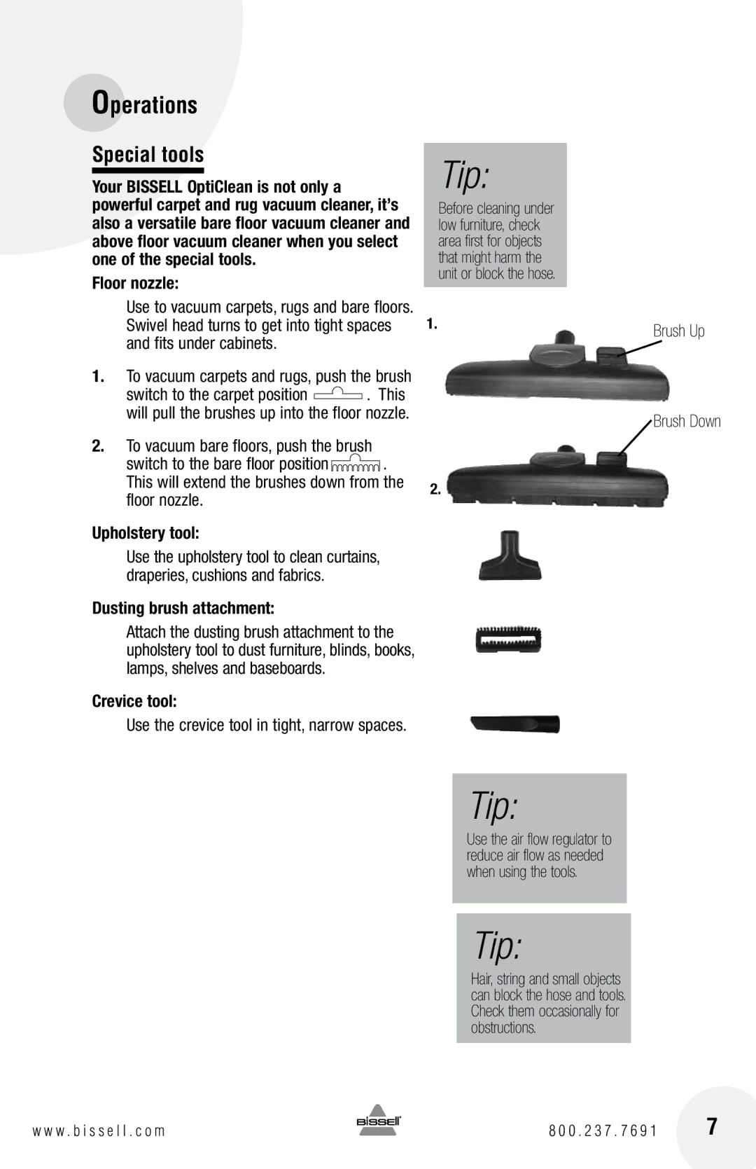 Bissell 66T6 warranty 167, Special tools, Upholstery tool, Dusting brush attachment, Crevice tool 