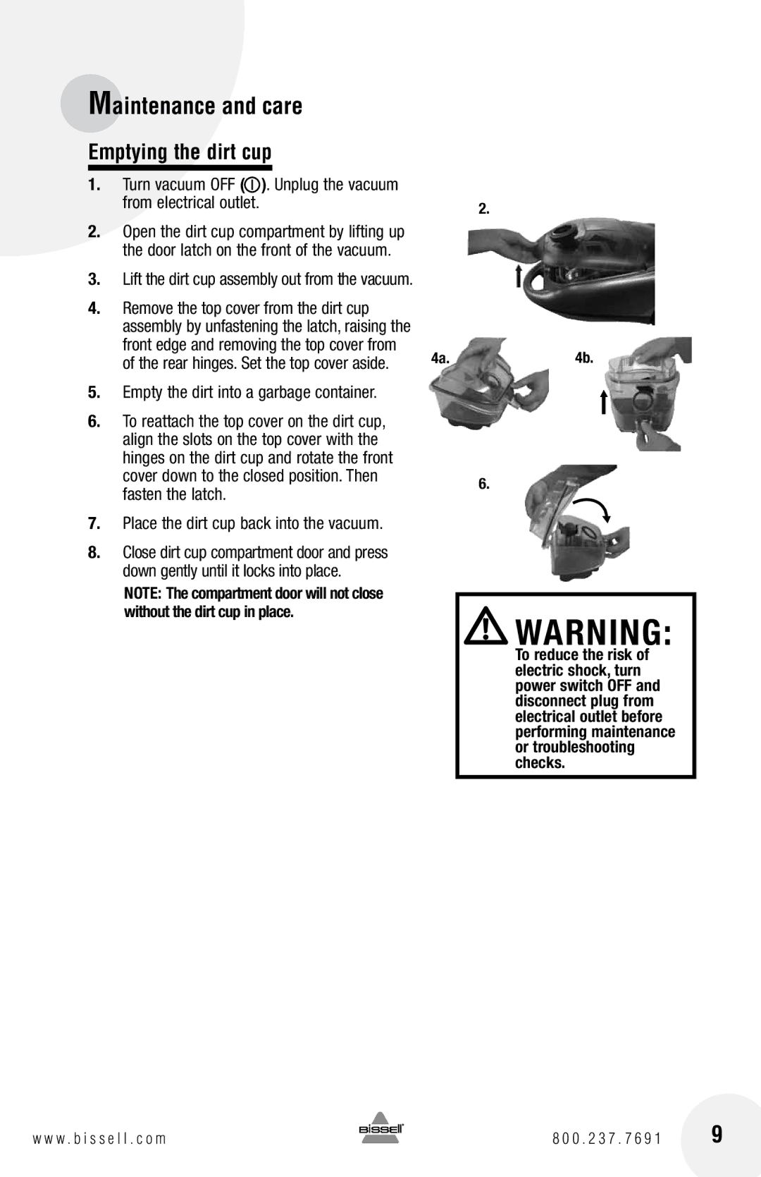 Bissell 66T6 warranty Maintenance and care, 169, Emptying the dirt cup, Unplug the vacuum From electrical outlet 