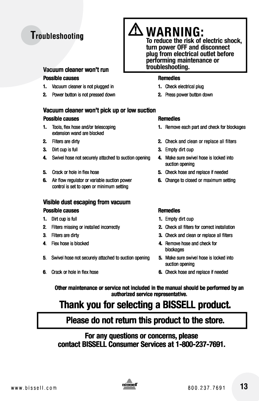Bissell 66T6 Troubleshooting, For any questions or concerns, please, Thank you for selecting a BISSELL product, Remedies 