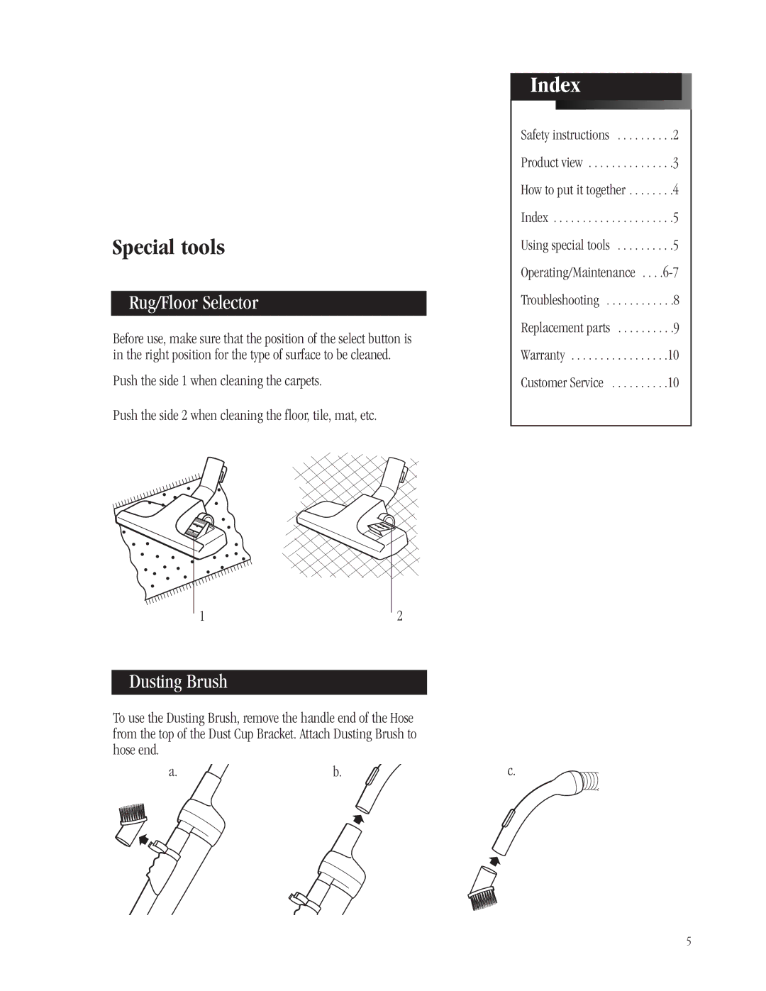 Bissell 6700-C warranty Special tools, Index 