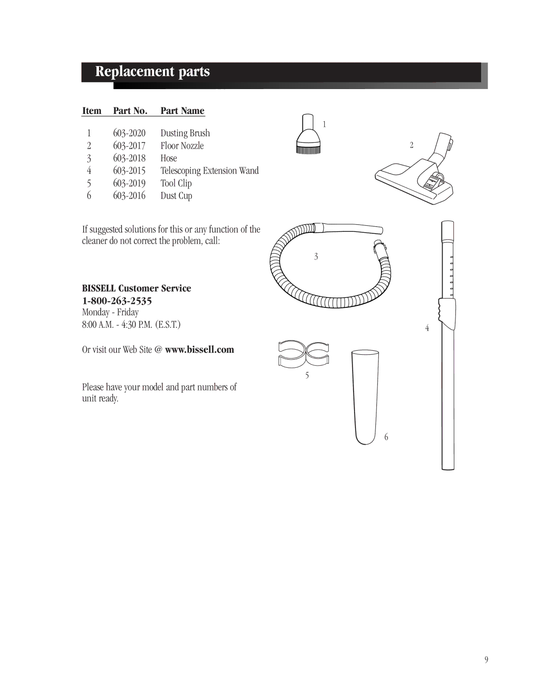 Bissell 6700-C warranty Replacement parts, Item Part No. Part Name 