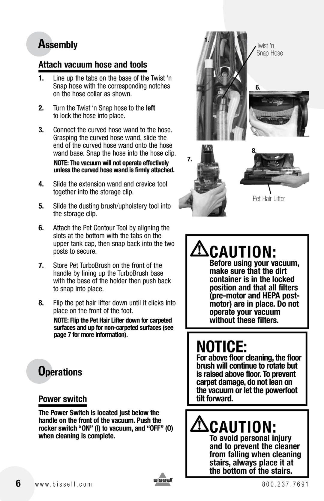 Bissell 6750, 3920 warranty Operations, Attach vacuum hose and tools, Power switch, Twist n Snap Hose Pet Hair Lifter 