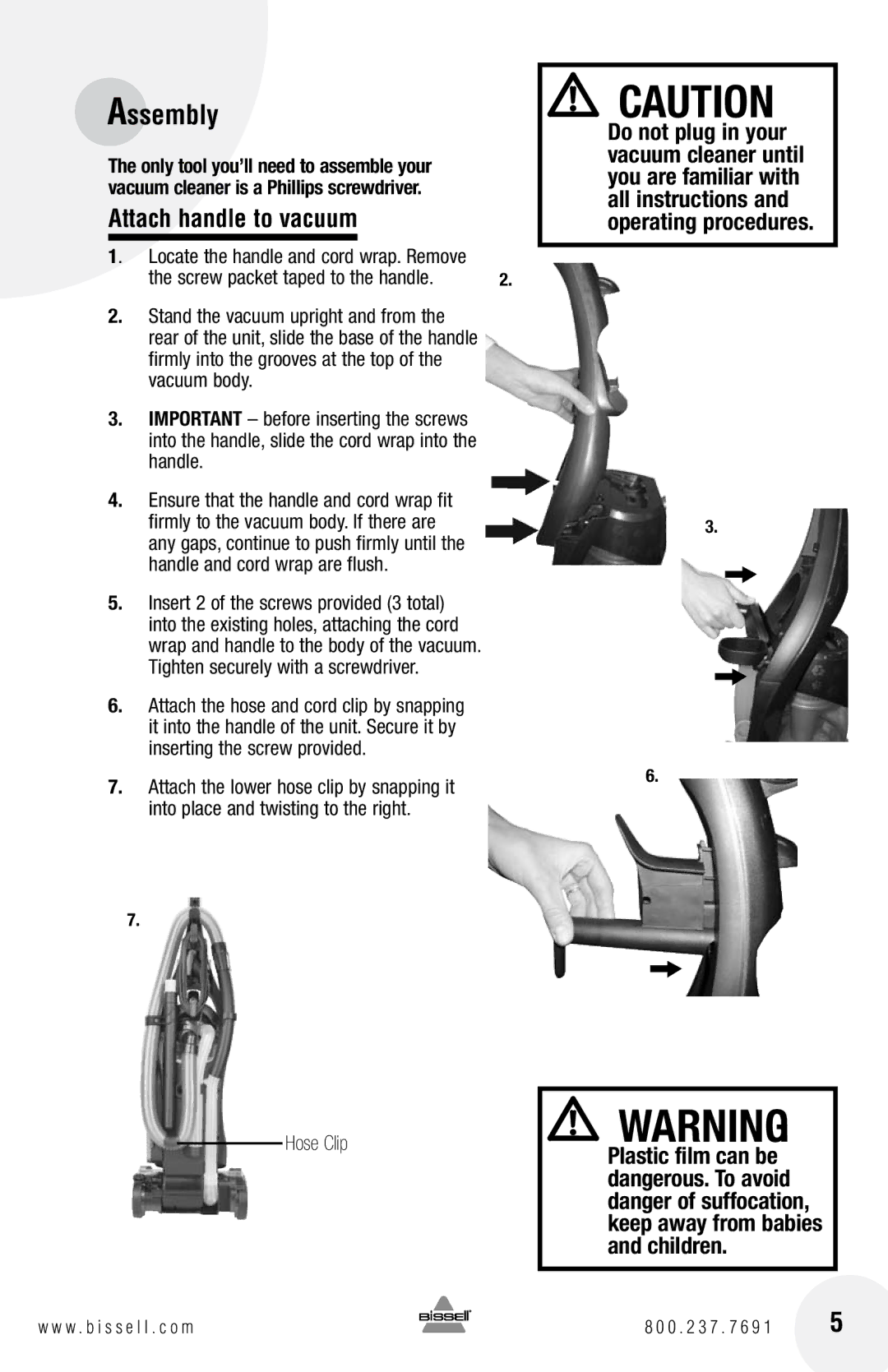 Bissell 3920, 6750 warranty Assembly, Attach handle to vacuum, Hose Clip 