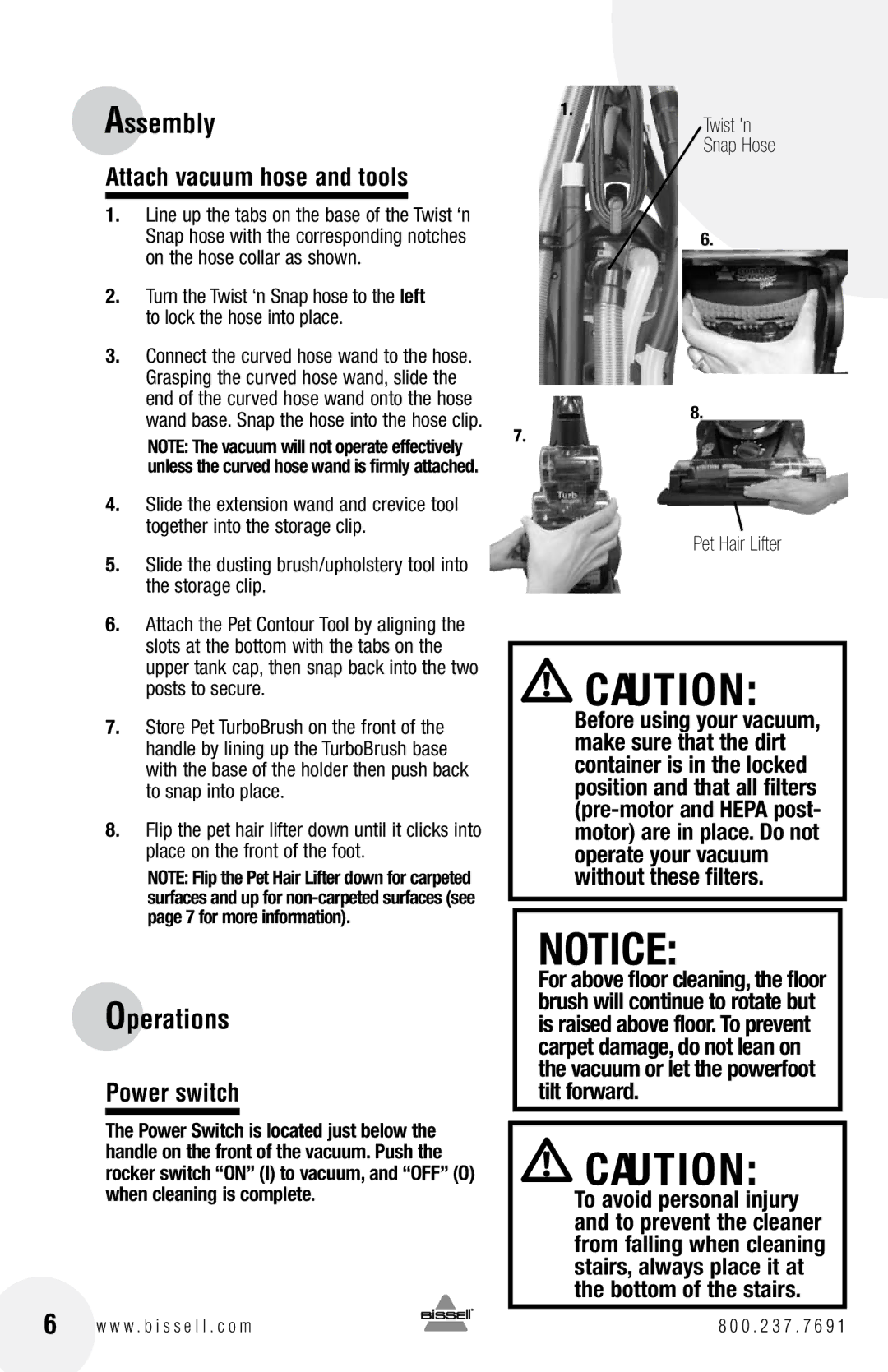 Bissell 6750, 3920 warranty Operations, Attach vacuum hose and tools, Power switch, Twist n Snap Hose Pet Hair Lifter 