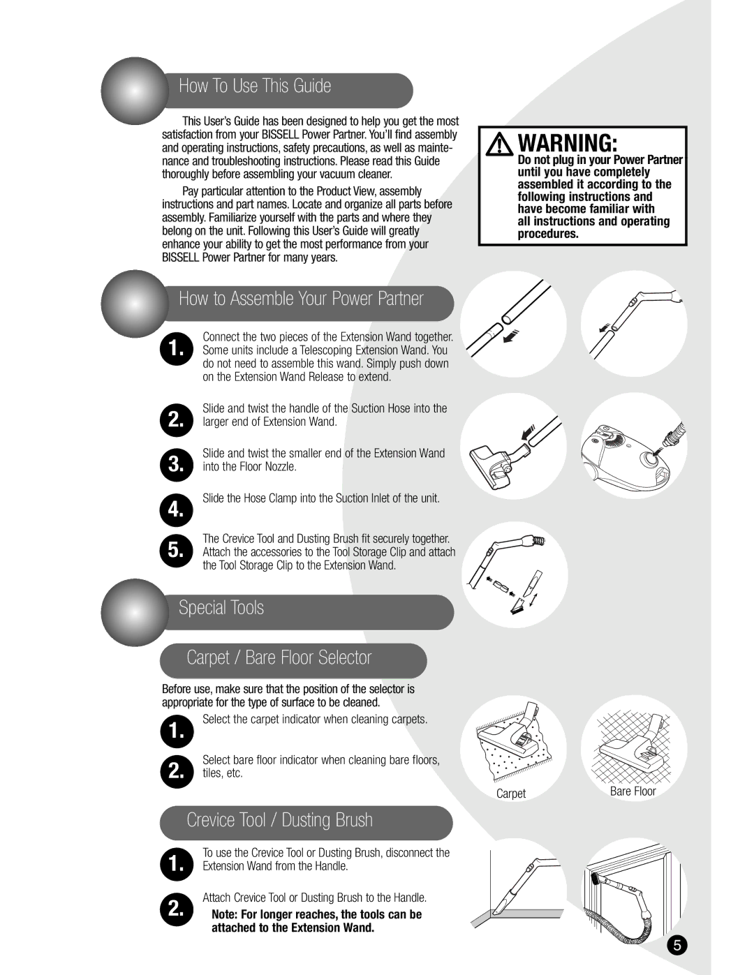 Bissell 6800 warranty How To Use This Guide, How to Assemble Your Power Partner, Special Tools Carpet / Bare Floor Selector 