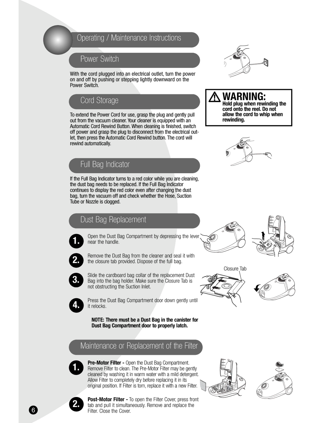 Bissell 6800 Operating / Maintenance Instructions Power Switch, Cord Storage, Full Bag Indicator, Dust Bag Replacement 